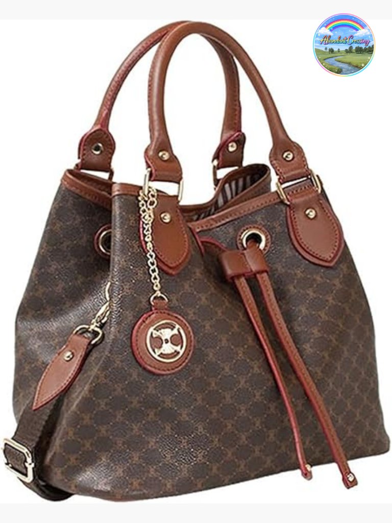 Leather Accents Drawstring Tote Shoulder Bucket Handbag